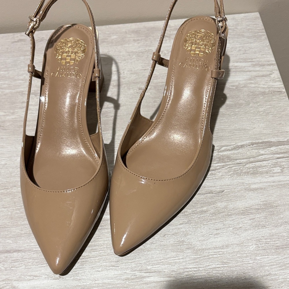 Vince Camuto Nude Patent Leather Pointed Toe Slingback Heels